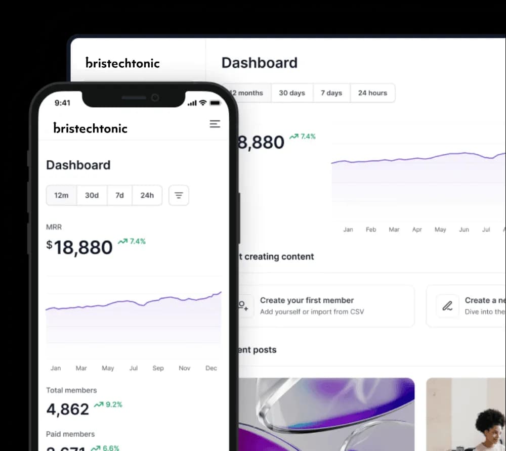 A BrisTechTonic reporting dashboard mock-up on desktop and mobile with revenue and growth charts