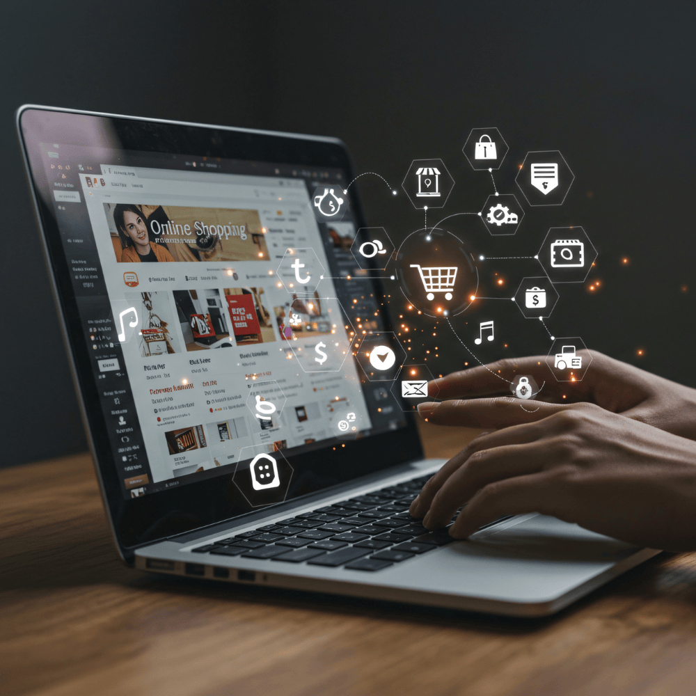 open laptop with graphics of online shopping icons