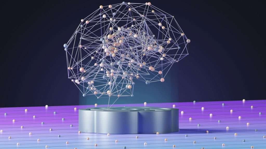 Abstract network of nodes representing how AI assistants connect information sources