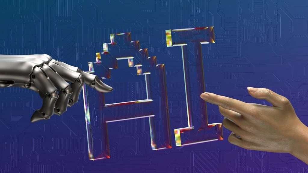 Human and robot hands reaching toward AI text, representing the shift to AI-powered search