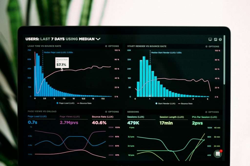 Laptop screen showing performance analytics with declining traffic graph